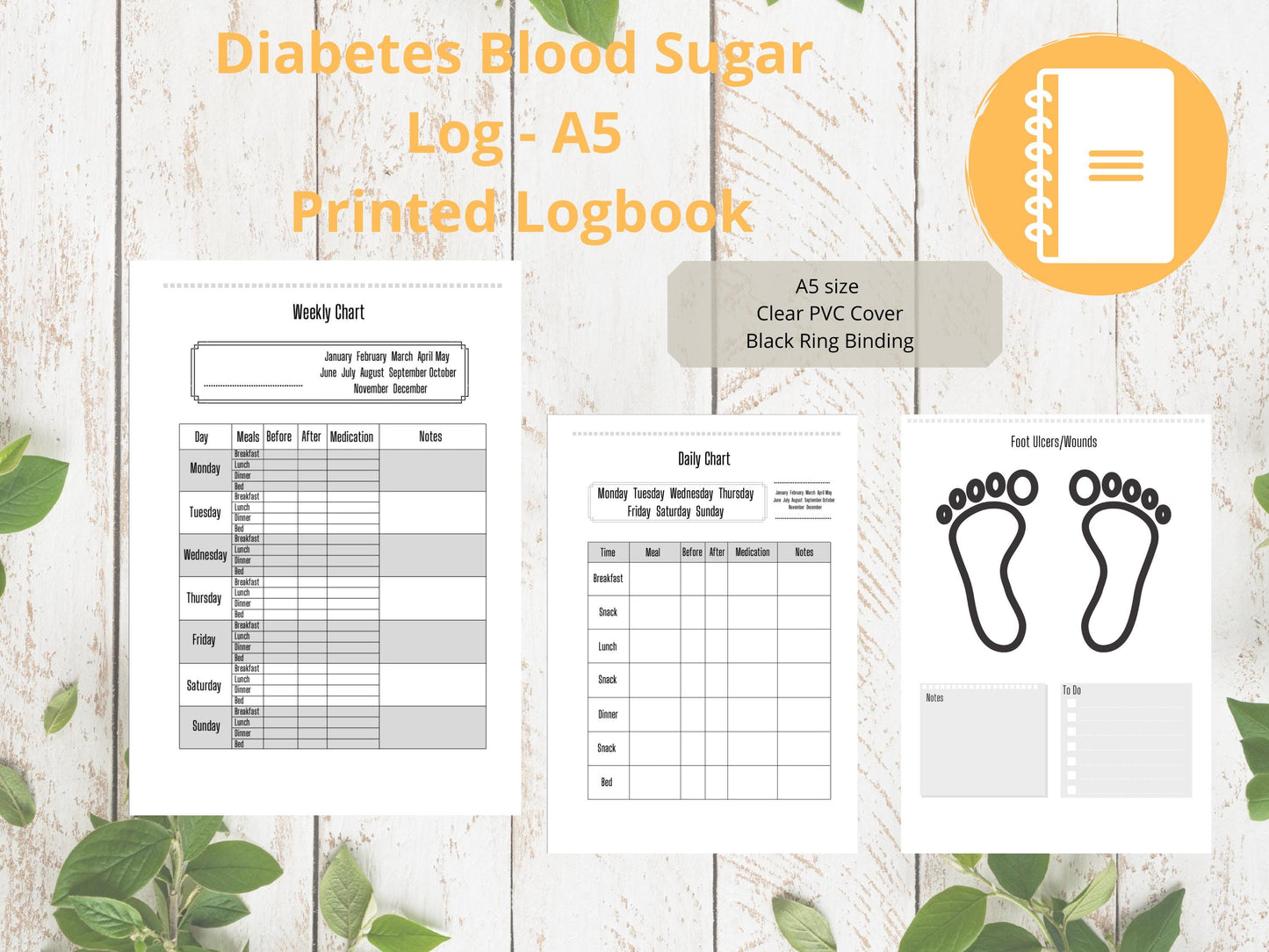 Diabetes Blood Sugar Log A5 | Blood Sugar Tracker | Printed | Medical Chart | Medical Planner