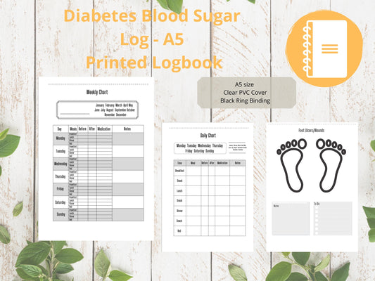 Diabetes Blood Sugar Log A5 | Blood Sugar Tracker | Printed | Medical Chart | Medical Planner