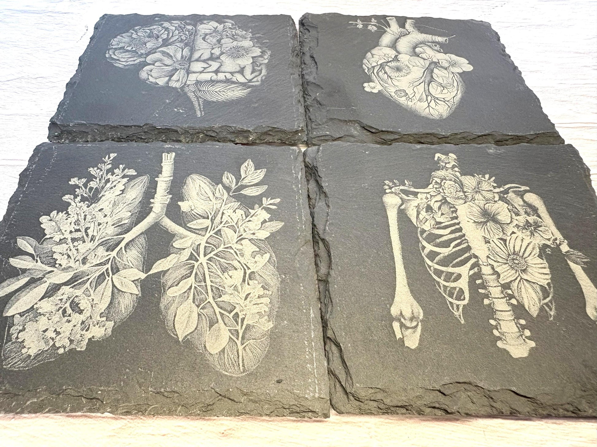 Floral Botanical Anatomy Slate Coasters | Personalised Gift | Heart | Brain | Lungs | Ribs | Doctor Gift | Surgeon Gift