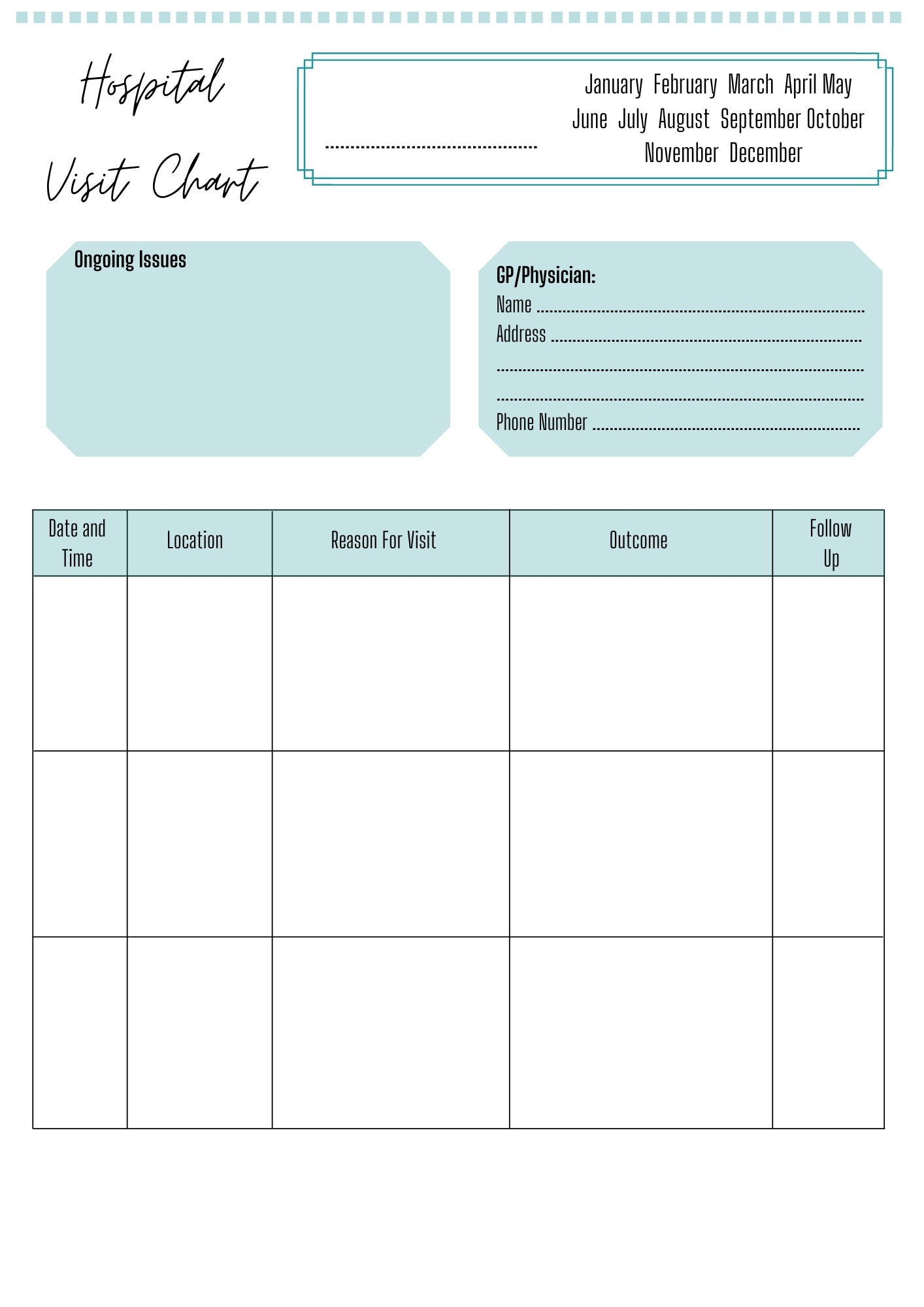Hospital Visit Chart A4 | Hospital History Record | Printed | Medical Chart | Medical Planner