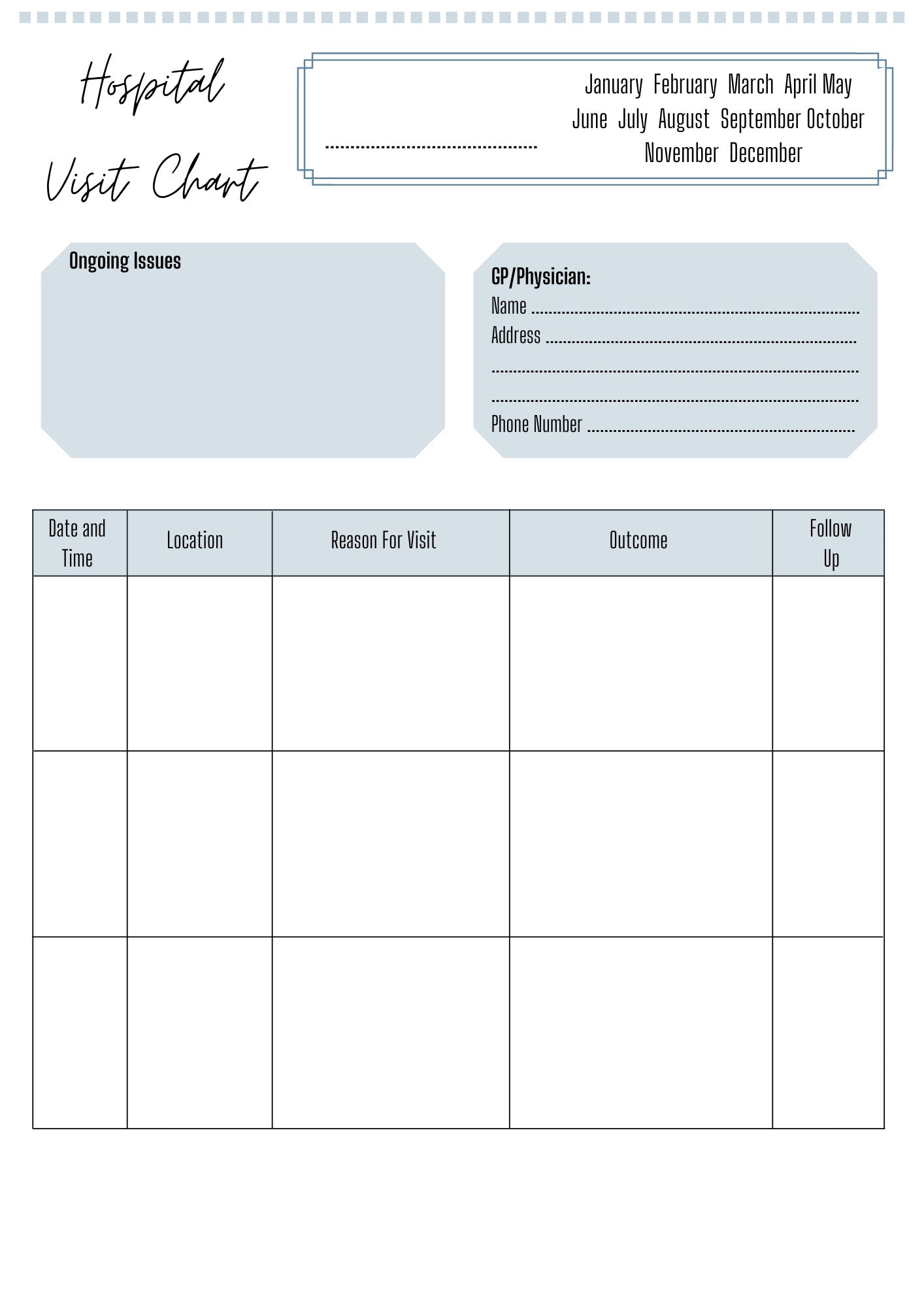Hospital Visit Chart A4 | Hospital History Record | Printed | Medical Chart | Medical Planner