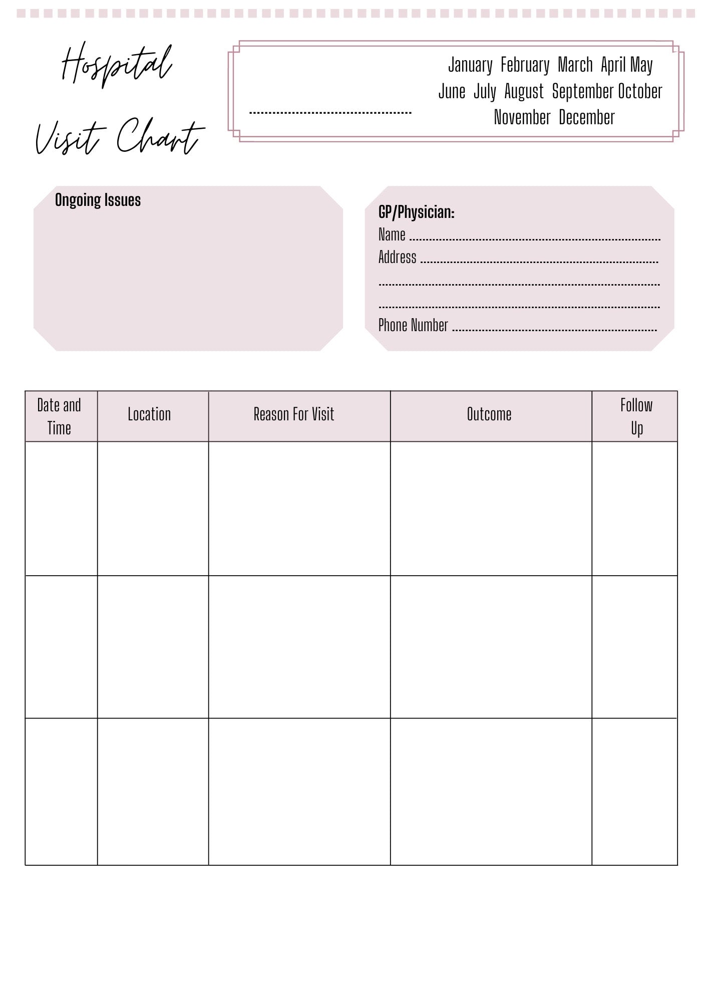 Hospital Visit Chart A4 | Hospital History Record | Printed | Medical Chart | Medical Planner