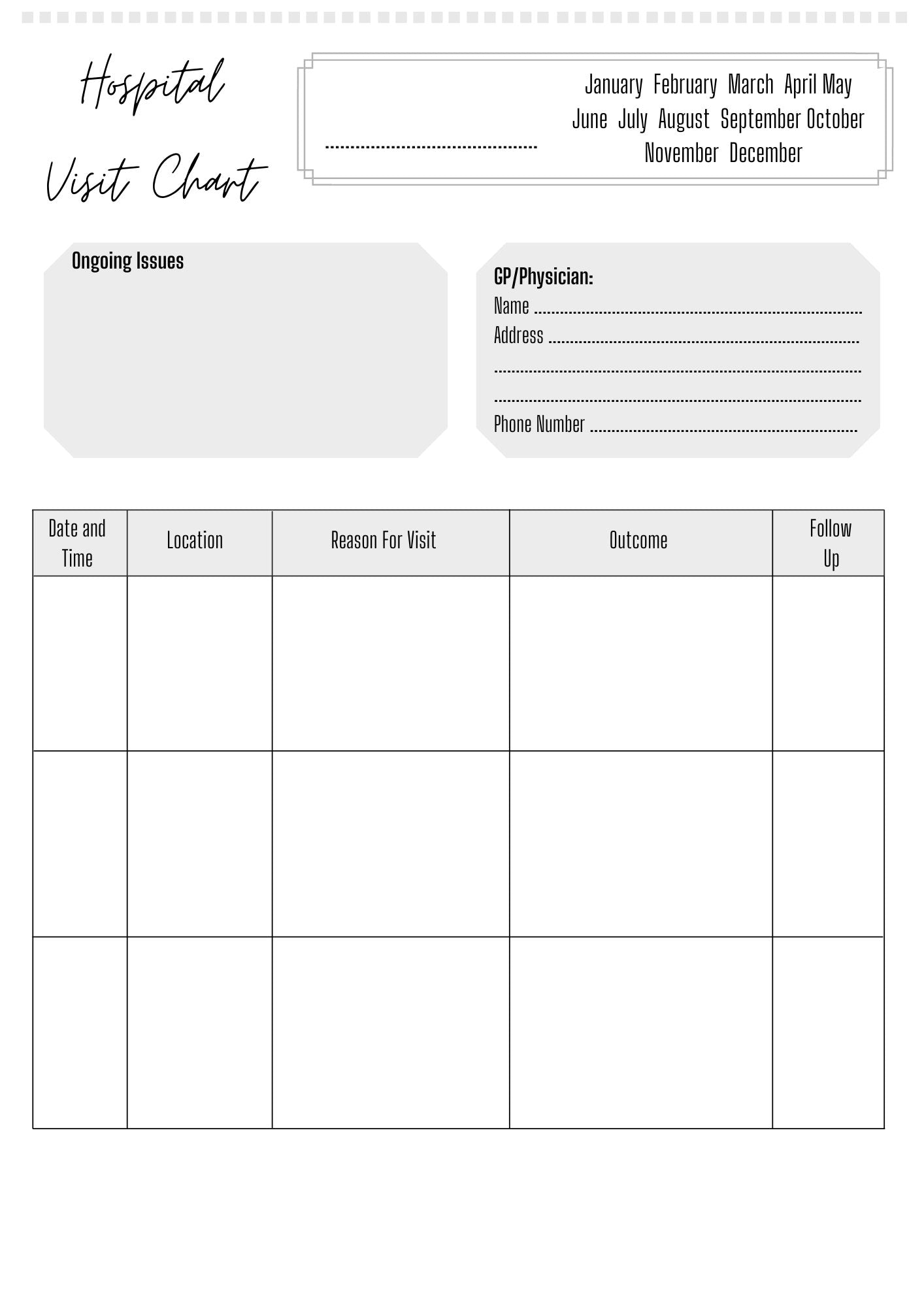 Hospital Visit Chart A4 | Hospital History Record | Printed | Medical Chart | Medical Planner