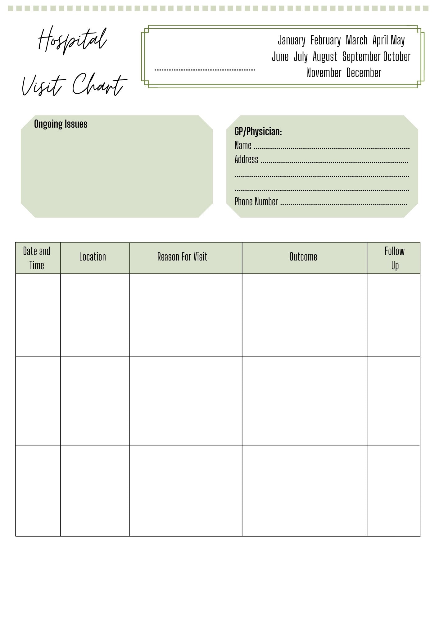 Hospital Visit Chart A4 | Hospital History Record | Printed | Medical Chart | Medical Planner