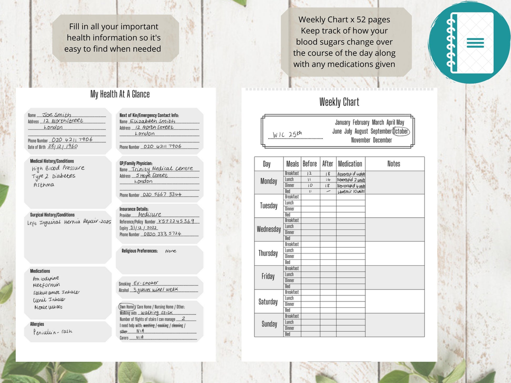 Blood Sugar Log A4 | Diabetes Journal | Printed | Blood Sugar Tracker | Medical Chart | Medical Planner
