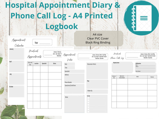 Medical Appointment Notes A4 | Appointment Diary | Phone Call Log | Printed | Appointment Chart | Medical Chart | Medical Planner