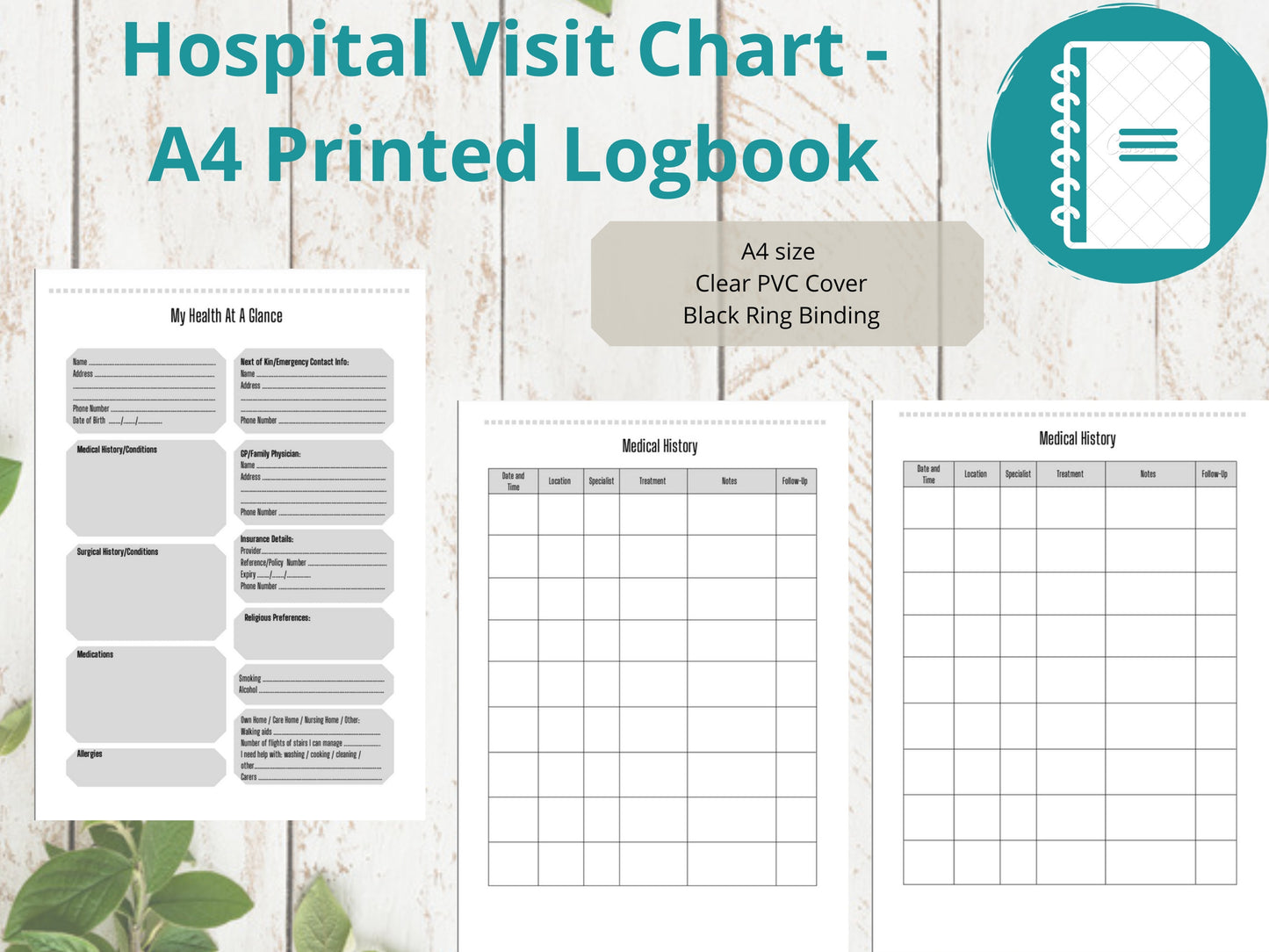 Hospital Visit Chart A4 | Hospital History Record | Printed | Medical Chart | Medical Planner