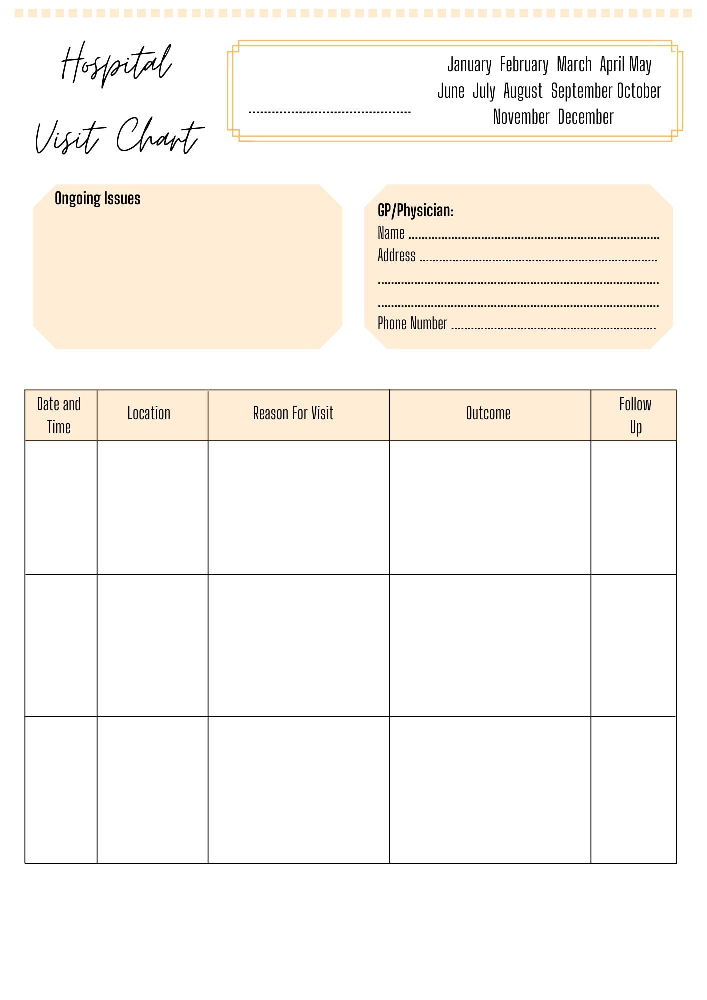 Hospital Visit Chart A4 | Hospital History Record | Printed | Medical Chart | Medical Planner