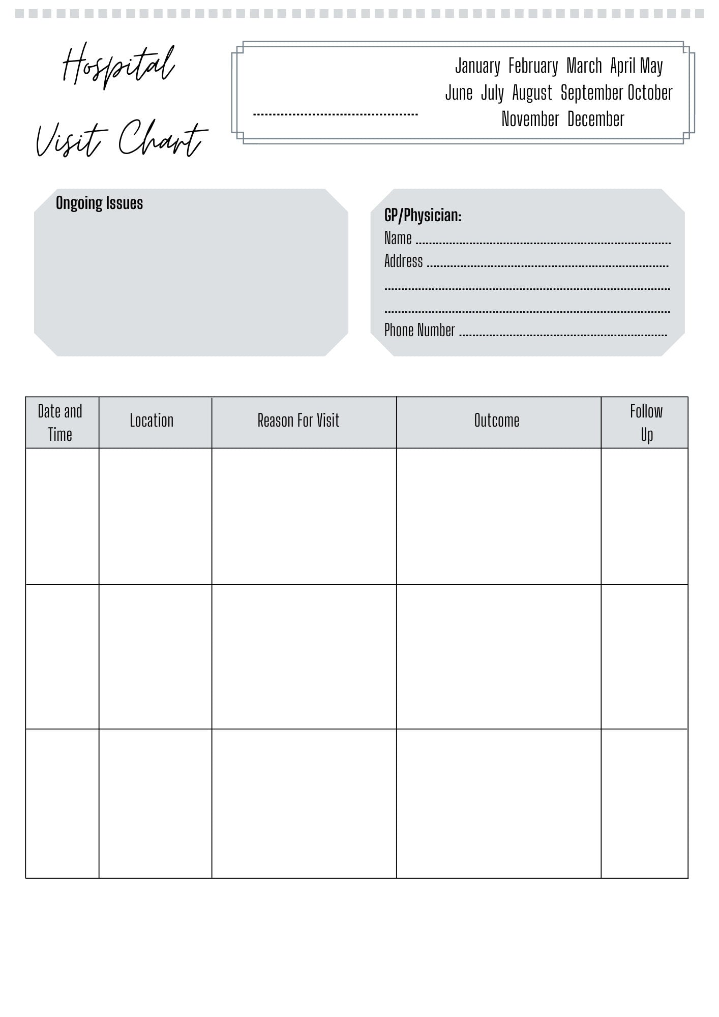 Hospital Visit Chart A4 | Hospital History Record | Printed | Medical Chart | Medical Planner